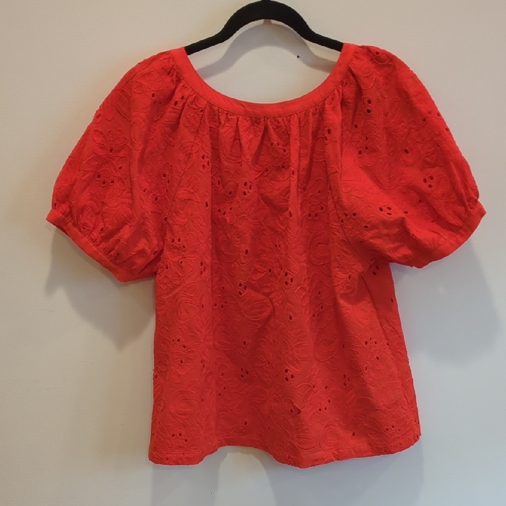 Cottage Prairie Summer Boho Calypso St. Barth Red Lace Eyelet Cotton Top Medium - Picture 5 of 5